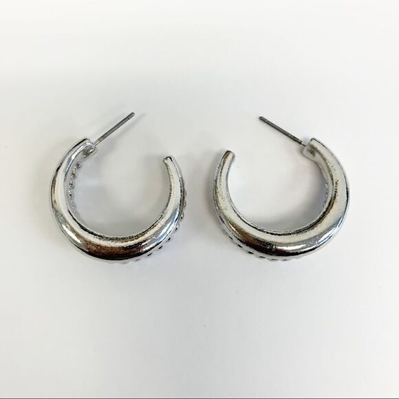 Silver Textured Metal Double Hoop Huggies - Picture 2 of 5